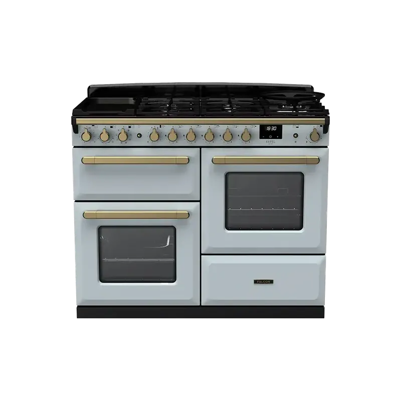 Weekendaanbieding Falcon Estel Deluxe 110 Misty Blue Antiek Messing gasfornuis rijslade