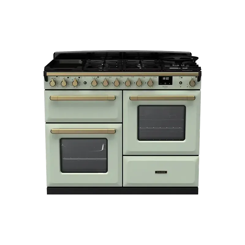Speciale Aanbieding Falcon Estel Deluxe 110 Mint Antiek Messing gasfornuis rijslade