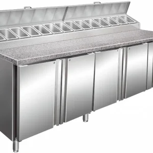 Pizzawerkbank XXL - 4-Deurs + Opzet 12x1/3GN + Graniet Werkblad - Bakkerij 600x400mm - 2500mm(b) Meest Verkocht