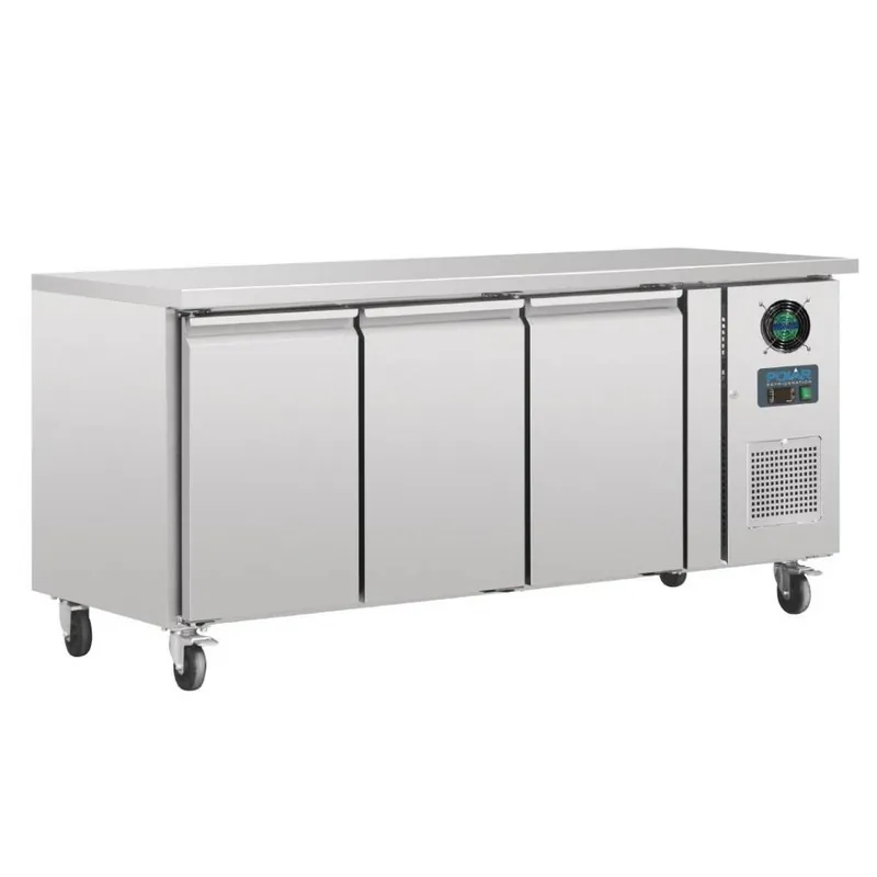 Gecertificeerd Vrieswerkbank INOX - 3 deurs - met Zwenk Wielen - 417 Liter -180x70x(h)85cm
