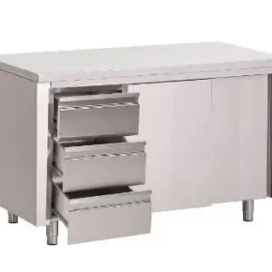 Werktafel met 3 lades en schuifdeuren - roestvrij staal - Verkrijgbaar in 5 maten Bestel Nu