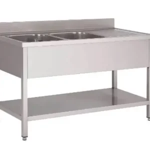 RVS Spoeltafel 1600(b)x700(d)x850(h)mm Dubbele Spoelbak Links Met Schap En Spatrand Korting