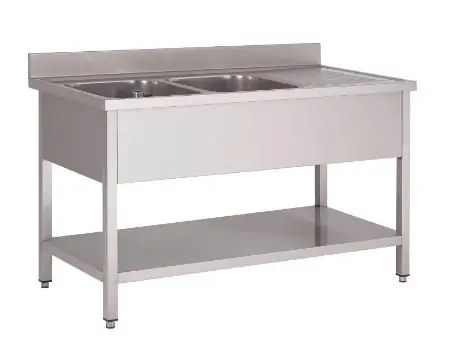 RVS Spoeltafel 1600(b)x700(d)x850(h)mm Dubbele Spoelbak Links Met Schap En Spatrand Korting