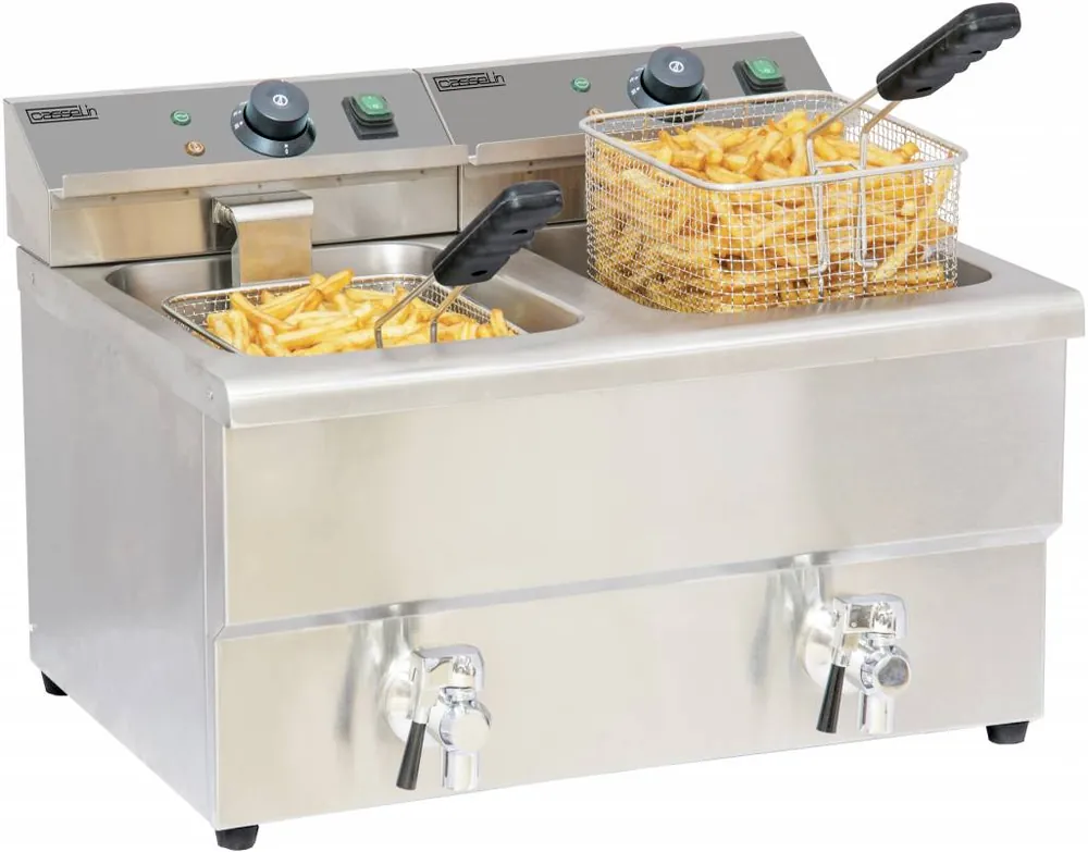 Elektrische Friteuse - 2x8 Liter - RVS - Met Aftapkraan - 2x3,25kW - 580x550x(H)410mm Korting