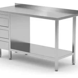 Werktafel RVS + Ladeblok (links) 3 lades + Bodemschap + Spatrand 800(b)x600(d)x885(h)mm Finale Uitverkoop