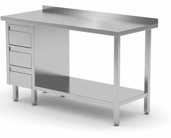 Werktafel RVS + Ladeblok (links) 3 lades + Bodemschap + Spatrand 800(b)x600(d)x885(h)mm Finale Uitverkoop