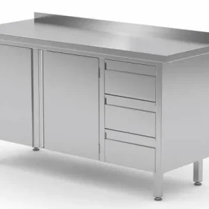 Lage Prijs Werkkast RVS + 3 Lades (rechts) + 2 Klapdeuren + Spatrand 1100(b)x600(d)x885(h)mm