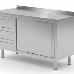 Gecertificeerd Werkkast RVS + 3 Lades (links) + 2 Schuifdeuren + Spatrand 1200(b)x600(d)x885(h)mm