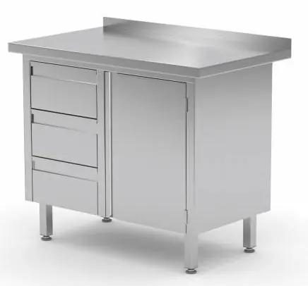Tijdelijk Beschikbaar Werkkast RVS + Ladeblok (links) 3 lades + Klapdeur + Spatrand 830(b)x600(d)x885(h)mm