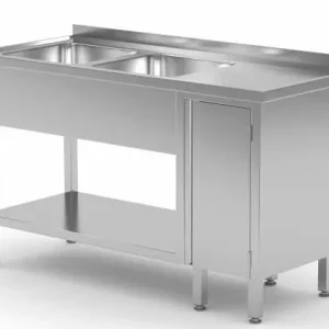 Koop Online RVS Spoeltafel 1400(b)x600(d)x885(h)mm + 2 Spoelbakken links + 1 Klapdeur