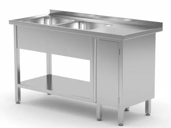 Koop Online RVS Spoeltafel 1400(b)x600(d)x885(h)mm + 2 Spoelbakken links + 1 Klapdeur