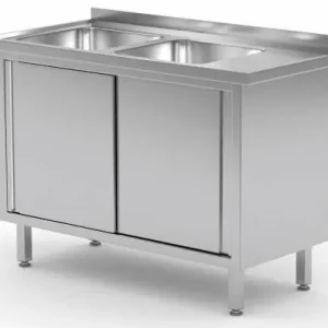 Spoeltafel RVS 1100(b)x600(d)x885(h)mm + 2 Spoelbakken links + 2 Schuifdeuren Actieprijs