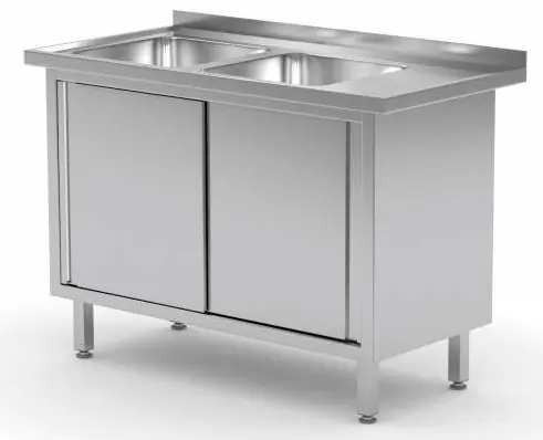 Spoeltafel RVS 1100(b)x600(d)x885(h)mm + 2 Spoelbakken links + 2 Schuifdeuren Actieprijs