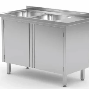 Premium Spoeltafel Roestvrijstaal 1100(b)x700(d)x885(h)mm + 2 Spoelbakken links + 2 Klapdeuren