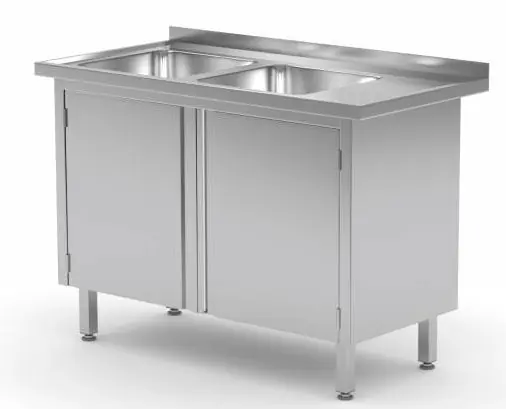 Premium Spoeltafel Roestvrijstaal 1100(b)x700(d)x885(h)mm + 2 Spoelbakken links + 2 Klapdeuren