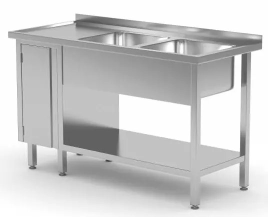 RVS Spoeltafel 1400(b)x600(d)x885(h)mm + 2 Spoelbakken rechts + 1 Klapdeur Betaalbaar