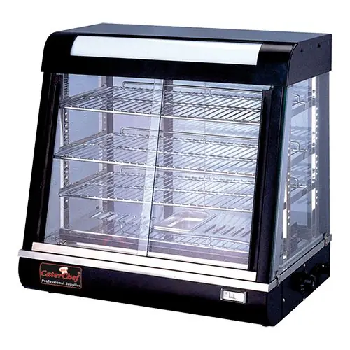 Gereduceerde Prijs Warmhoudvitrine Zwart RVS - 4 Roosters - Beide Zijde Schuifruiten - LED Verlichting - 690x440x(h)660mm