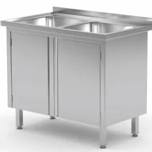 Gratis Retour RVS Spoeltafel 600(b)x600(d)x885(h)mm + 2 Spoelbakken + 2 Klapdeuren