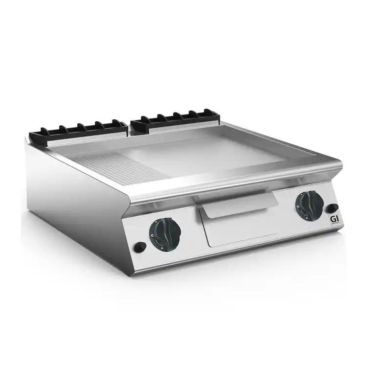 Hete Deal 700 HP Gasbakplaat 2/3 Glad 1/3 Geribbelde RVS Plaat - 12 kW - 800x730x(H)250mm