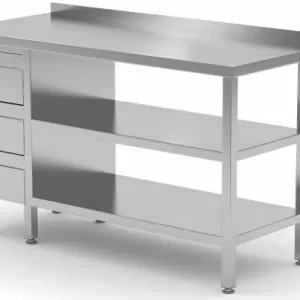 Werktafel RVS + Ladeblok 3 lades + 2x Bodemschap + Spatrand 800(b)x700(d)x885(h)mm Hete Deal