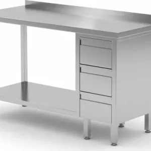 Must-Have Werktafel RVS + Ladeblok (rechts) 3 lades + Bodemschap + Spatrand 800(b)x600(d)x885(h)mm