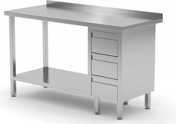 Must-Have Werktafel RVS + Ladeblok (rechts) 3 lades + Bodemschap + Spatrand 800(b)x600(d)x885(h)mm