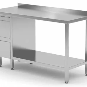 Werktafel RVS + Ladeblok (links) 2 lades + Bodemschap + Spatrand 800(b)x600(d)x885(h)mm Hoge Kwaliteit