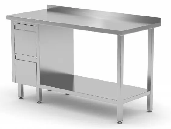 Werktafel RVS + Ladeblok (links) 2 lades + Bodemschap + Spatrand 800(b)x600(d)x885(h)mm Hoge Kwaliteit