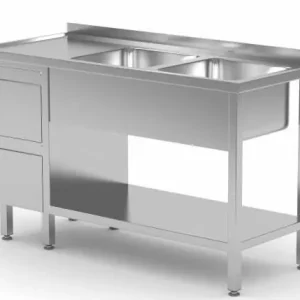 RVS Spoeltafel 1400(b)x600(d)x885(h)mm + 2 Spoelbakken rechts + 2 Ladenblokken Alleen Vandaag
