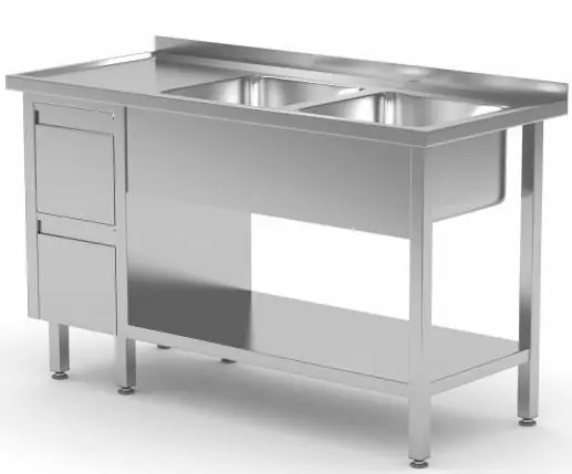 RVS Spoeltafel 1400(b)x600(d)x885(h)mm + 2 Spoelbakken rechts + 2 Ladenblokken Alleen Vandaag