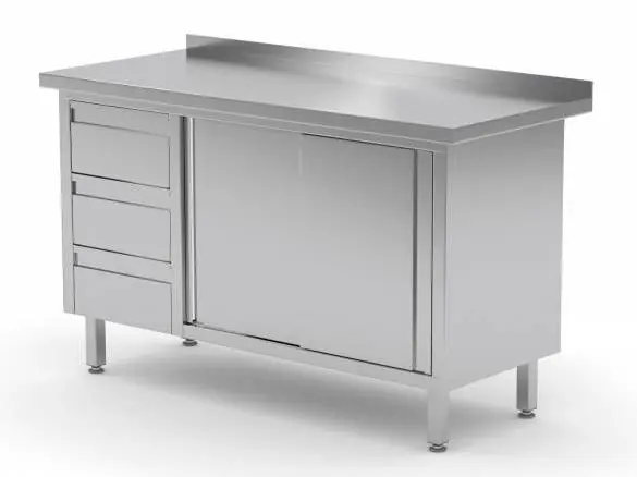 Werkkast RVS + 3 Lades (links) + 2 Schuifdeuren + Spatrand 1200(b)x700(d)x885(h)mm Premium