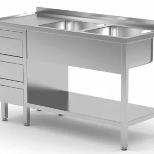 Bestel Nu RVS Spoeltafel 1400(b)x600(d)x885(h)mm + 2 Spoelbakken rechts + 3 Ladenblokken