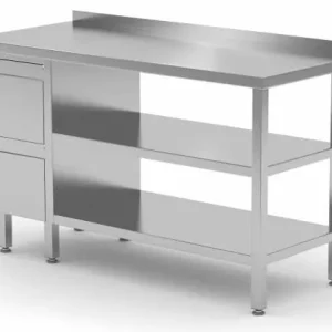 Werktafel RVS + Ladeblok 2 lades + 2x Bodemschap + Spatrand 800(b)x700(d)x885(h)mm Lage Prijs