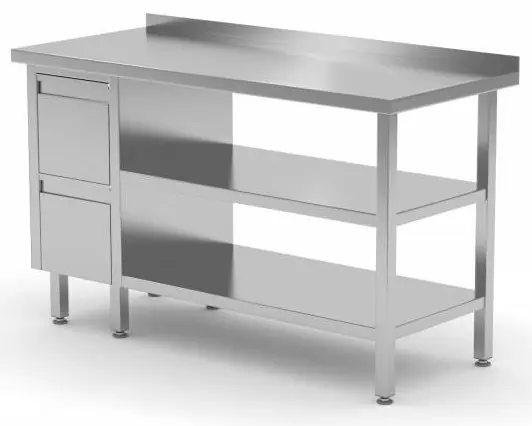 Werktafel RVS + Ladeblok 2 lades + 2x Bodemschap + Spatrand 800(b)x700(d)x885(h)mm Lage Prijs