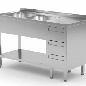 RVS spoeltafel - 2 Spoelbakken links - 3 Ladenblokken - 1400x700x(h)885mm Exclusieve Aanbieding