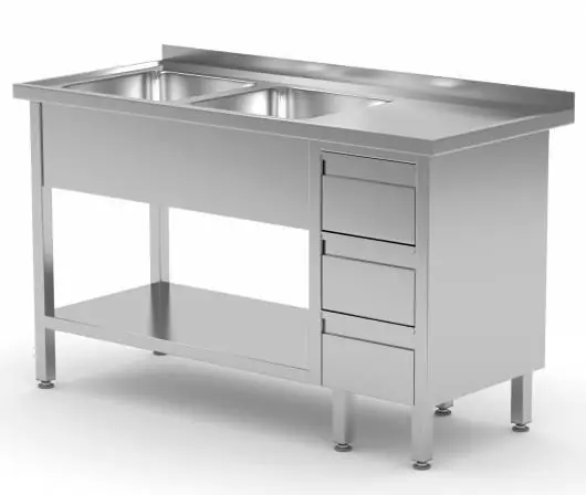 RVS spoeltafel - 2 Spoelbakken links - 3 Ladenblokken - 1400x700x(h)885mm Exclusieve Aanbieding