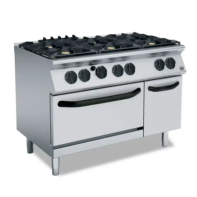 700 HP Gasfornuis 6 Branders Met GN2/1 Gasoven - 6x6 + 1x 8 kW - 1200x730x(H)870mm Gratis Retour