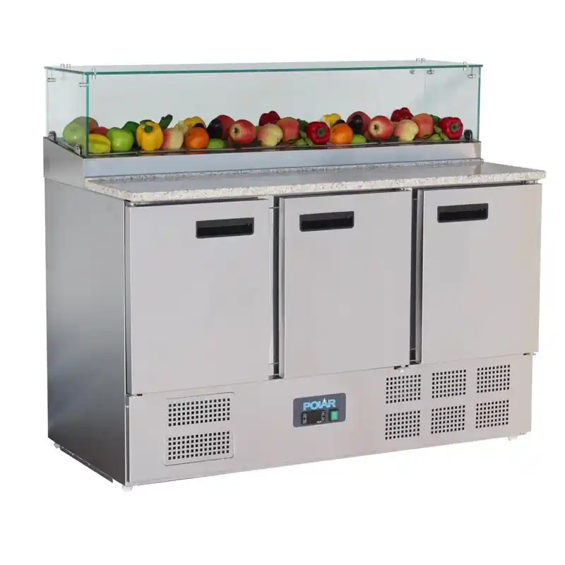 Polar G-serie 3 deurs pizza koelwerkbank met opzetvitrine 436L Alleen Vandaag