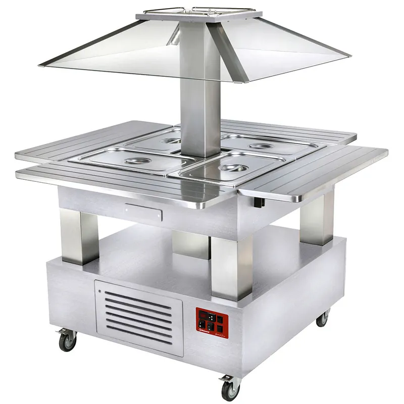 Bain Marie eiland warmhoud buffet 4x 1/1GN - Gemotoriseerde koepel - Wit hout Laatste Versie