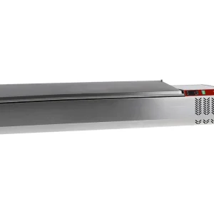 Gekoelde opzetvitrine 5 x GN 1/3 & 1x GN 1/2 -150 mm, met R.V.S. deksel - 1500x395x(h)282mm Merkproduct