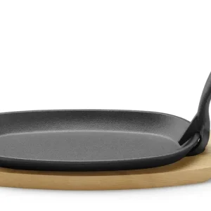 Gietijzeren schaal met houten onderlegger en greep - Zwart - 280x140x(H)30mm Beste Prijs