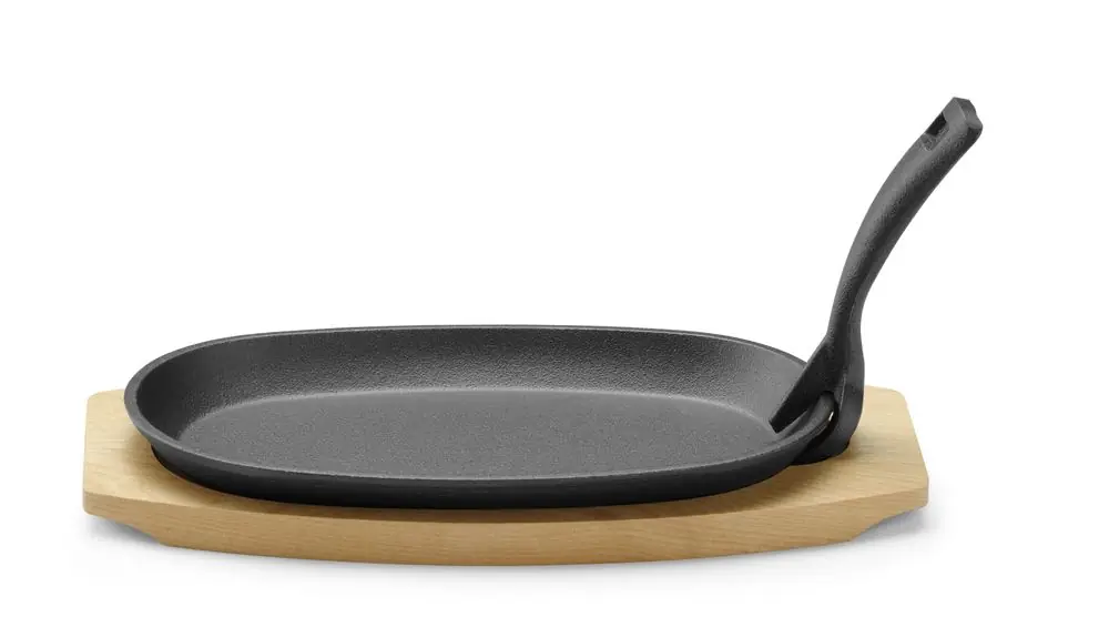 Gietijzeren schaal met houten onderlegger en greep - Zwart - 280x140x(H)30mm Beste Prijs