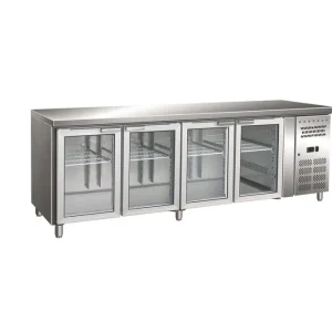 Lage Prijs Gastro-Inox RVS GN koelwerkbank met 4 glasdeuren, geforceerd gekoeld