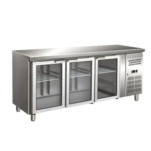 Weekendaanbieding Gastro-Inox RVS GN koelwerkbank met 3 glasdeuren, geforceerd gekoeld