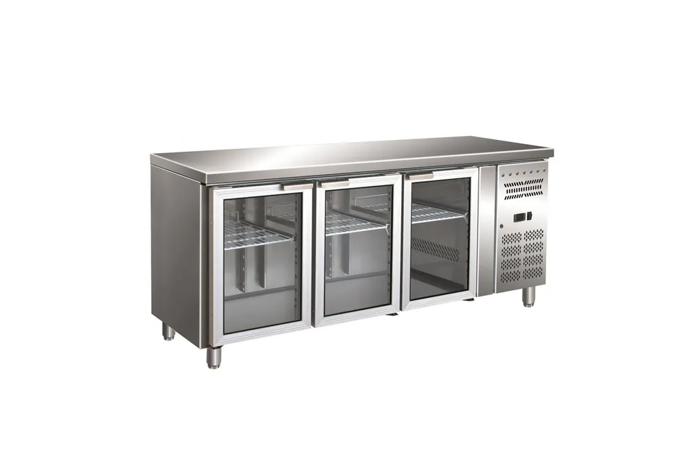 Weekendaanbieding Gastro-Inox RVS GN koelwerkbank met 3 glasdeuren, geforceerd gekoeld