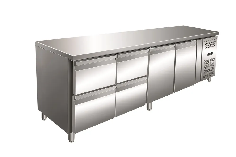 Gastro-Inox RVS GN koelwerkbank met 2 deuren en 4 laden, geforceerd gekoeld Beste Prijs