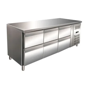 Beperkte Voorraad Gastro-Inox RVS GN koelwerkbank met 6 laden, geforceerd gekoeld