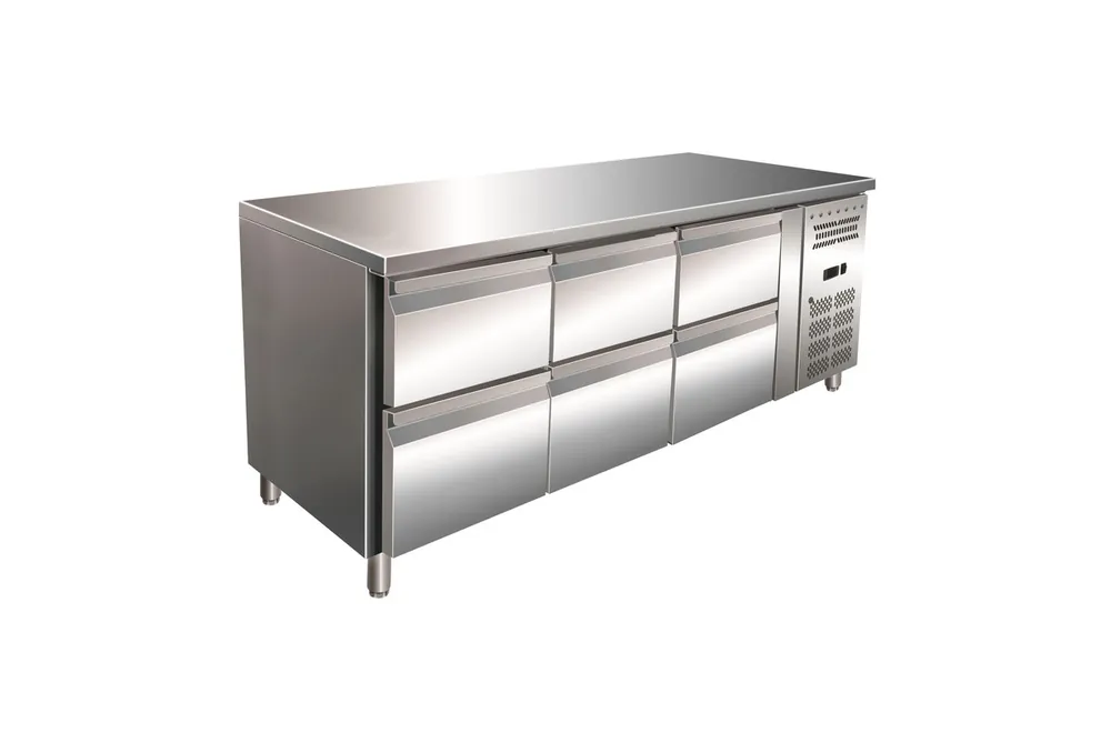 Beperkte Voorraad Gastro-Inox RVS GN koelwerkbank met 6 laden, geforceerd gekoeld