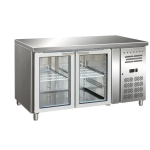Laatste Versie Gastro-Inox RVS GN koelwerkbank met 2 glasdeuren, geforceerd gekoeld