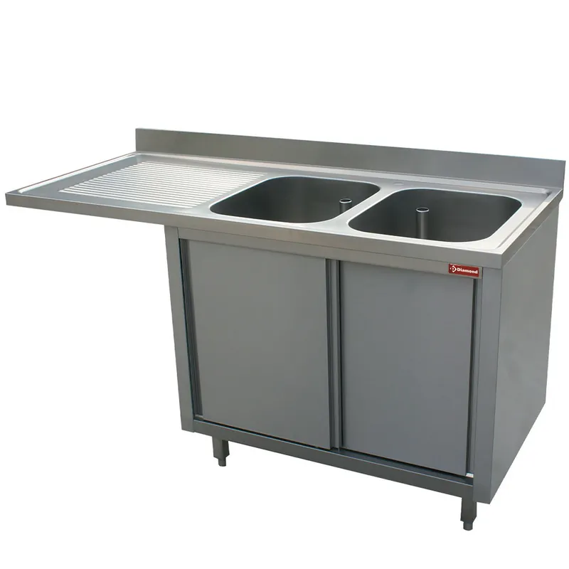 Merkproduct Spoeltafel met 2 kuipen 500x500x325 links druipvak op kast met 2 schuifdeuren en nis voor vaatwasser
